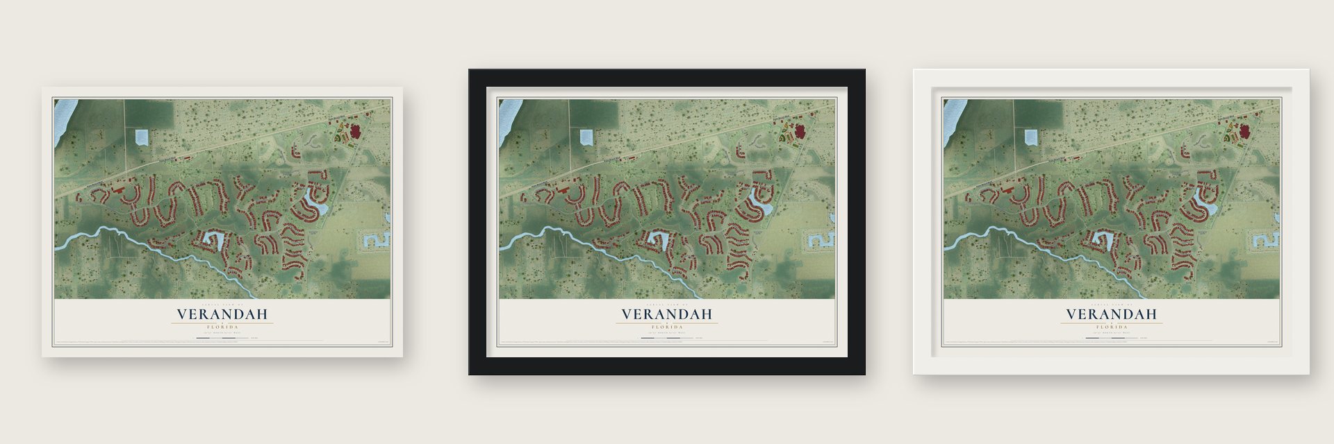 Verandah, Florida map unframed, in a black wood frame and in a white wood frame