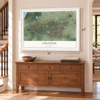 Verandah, Florida map, 24 x 36 inch print in a white frame above a dresser by a staircase