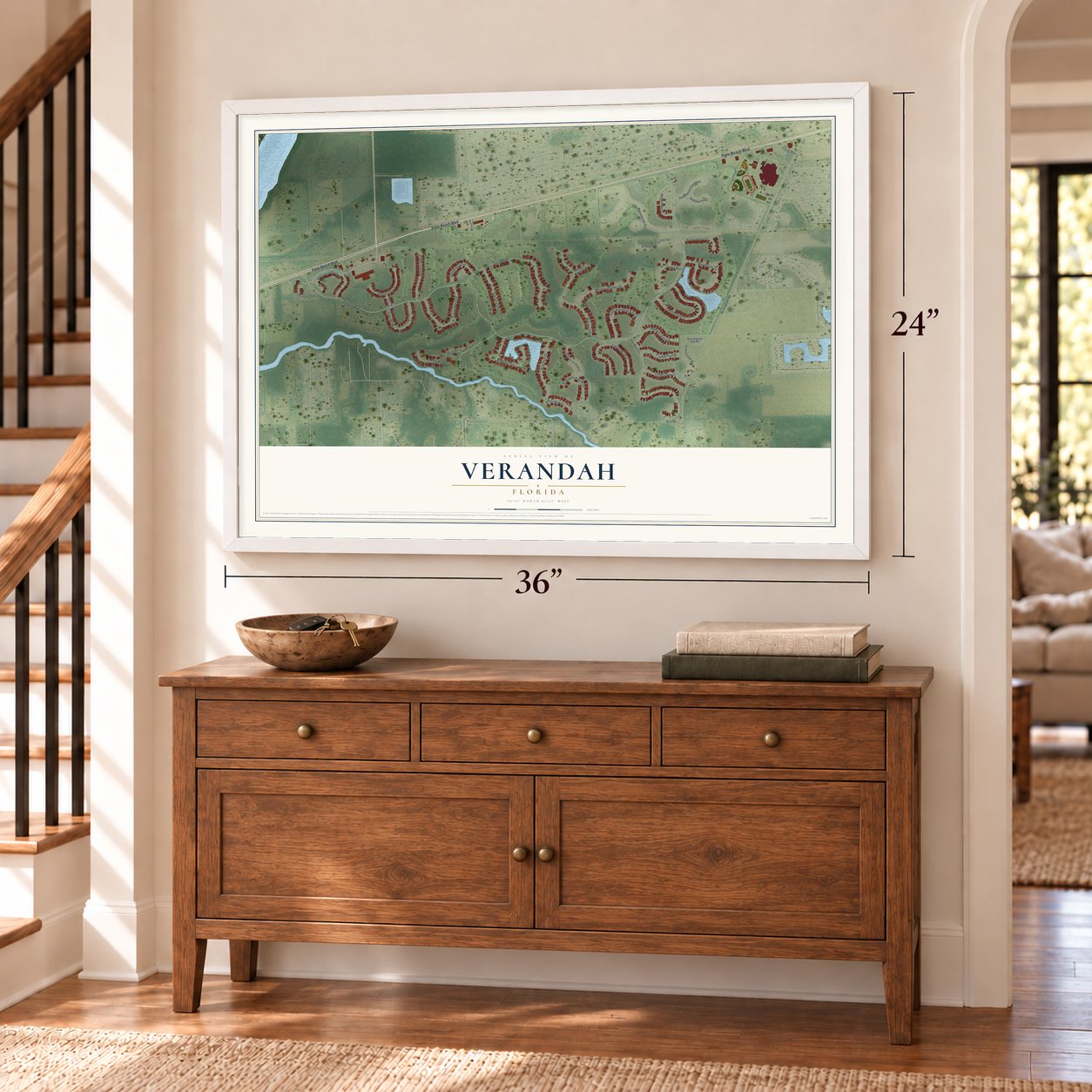 Verandah, Florida map, 24 x 36 inch print in a white frame above a dresser by a staircase