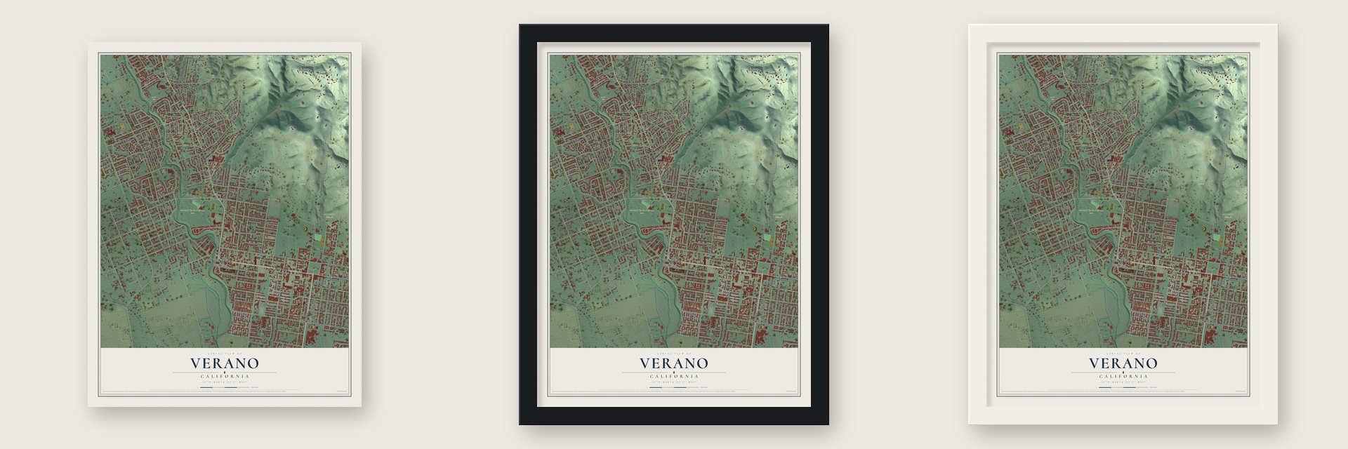 Verano, California map unframed, in a black wood frame and in a white wood frame