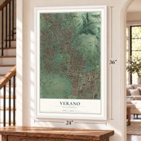 Verano, California map, 24 x 36 inch print in a white frame by a staircase