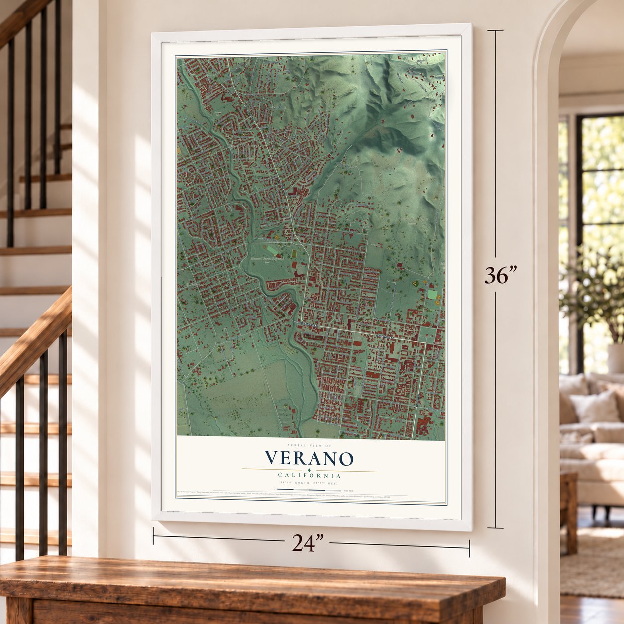 Verano, California map, 24 x 36 inch print in a white frame by a staircase