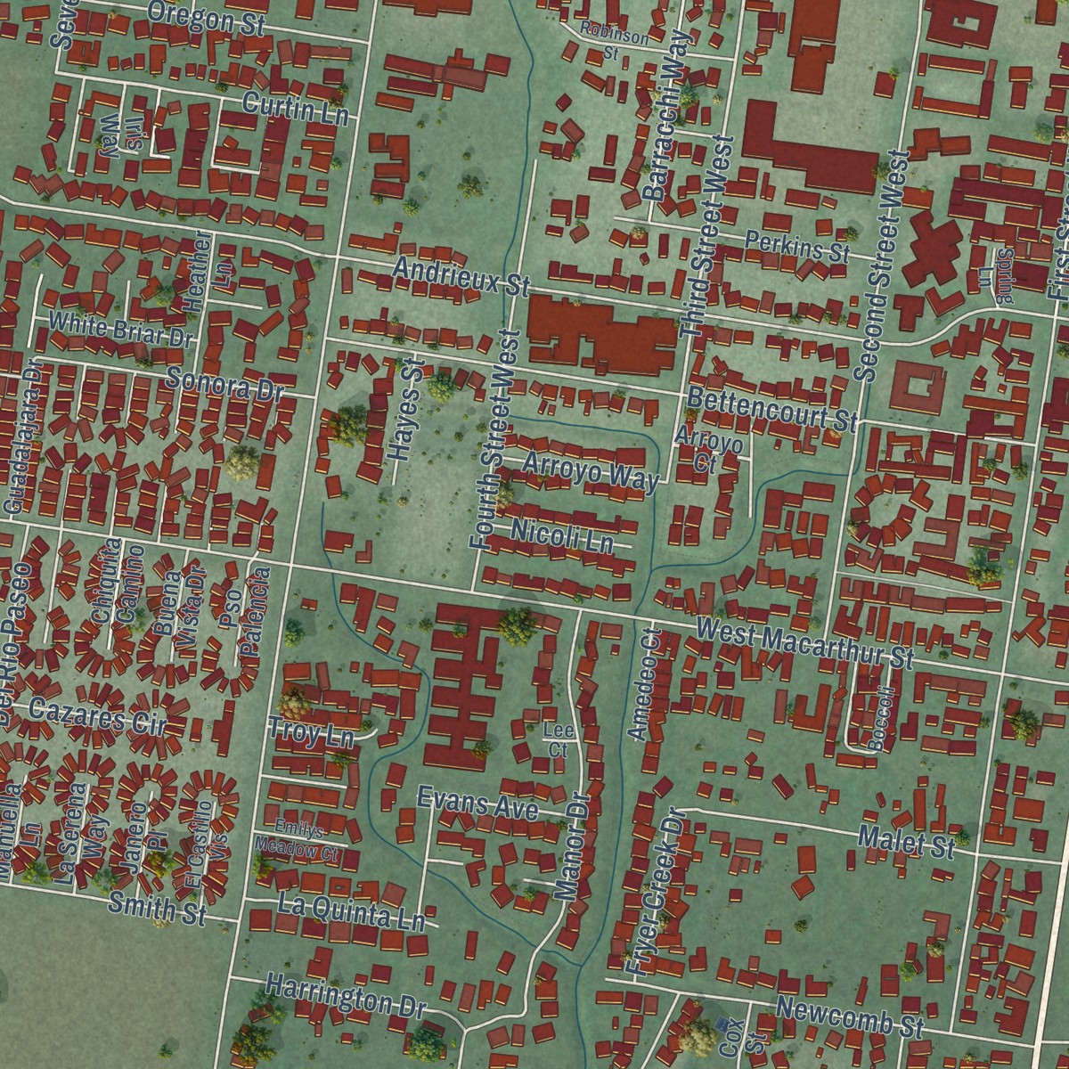 Second close-up of the map of Verano, California print showing more streets and buildings