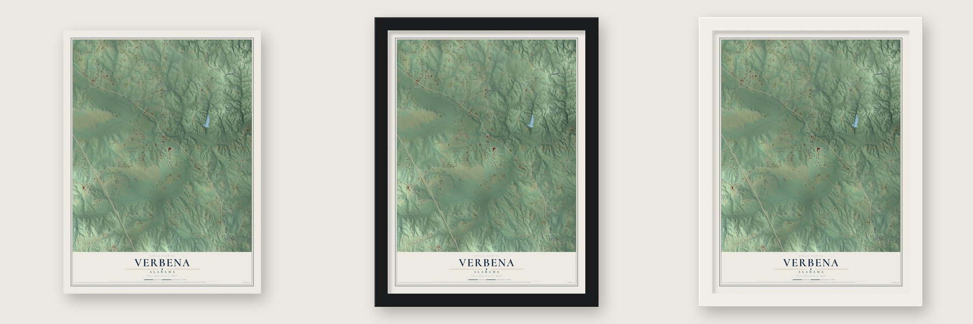 Verbena, Alabama map unframed, in a black wood frame and in a white wood frame