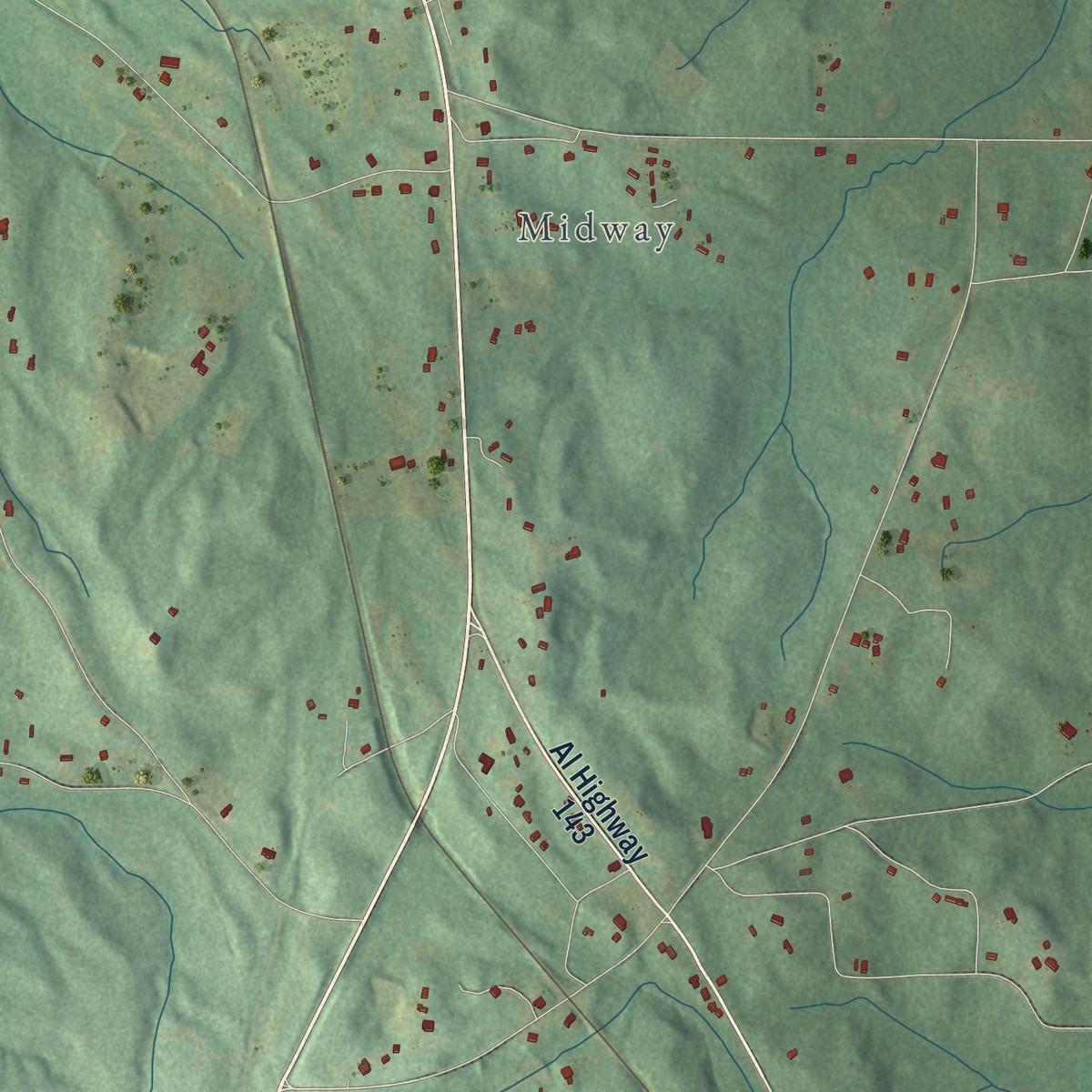 Second close-up of the map of Verbena, Alabama print showing more streets and buildings