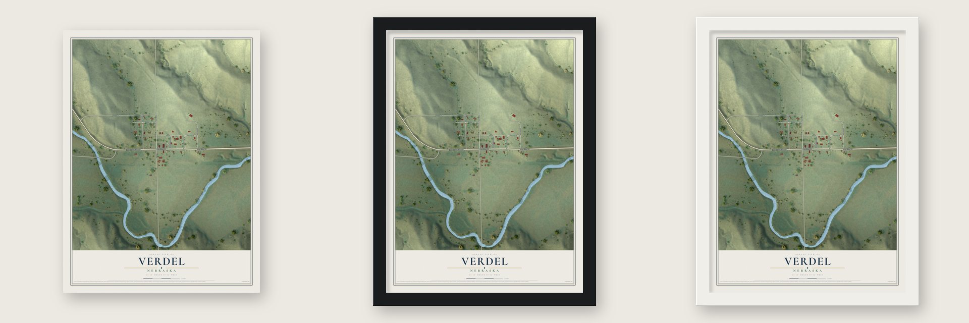 Verdel, Nebraska map unframed, in a black wood frame and in a white wood frame