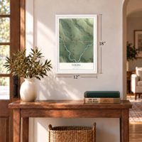 Verdel, Nebraska map, 12 x 18 inch print in a white frame in an entryway