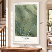 Verdel, Nebraska map, 24 x 36 inch print in a white frame by a staircase