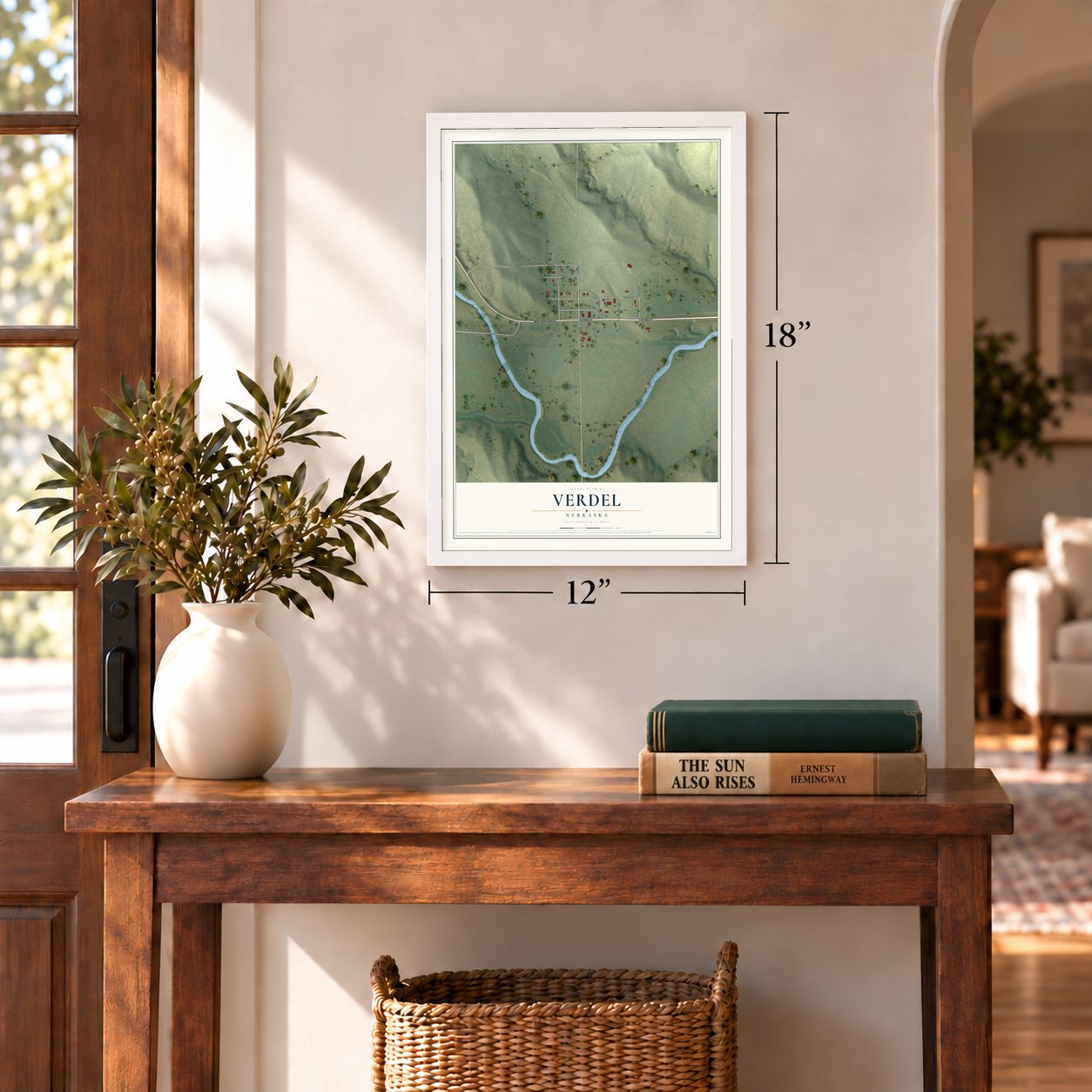 Verdel, Nebraska map, 12 x 18 inch print in a white frame in an entryway