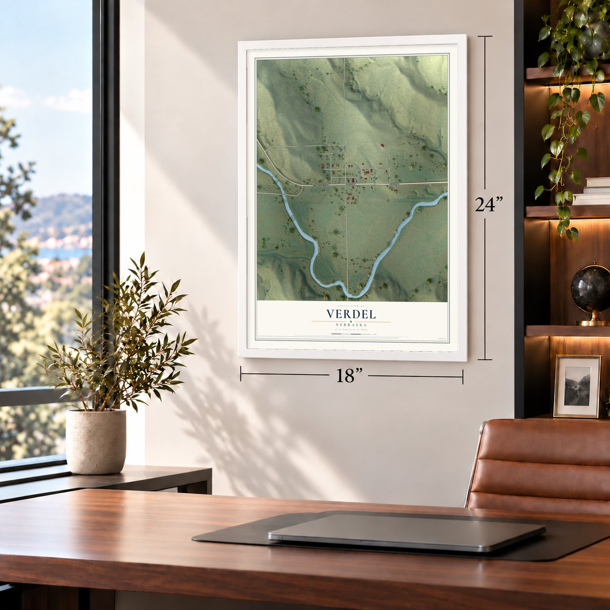 Verdel, Nebraska map, 18 x 24 inch print in a white frame in a home office