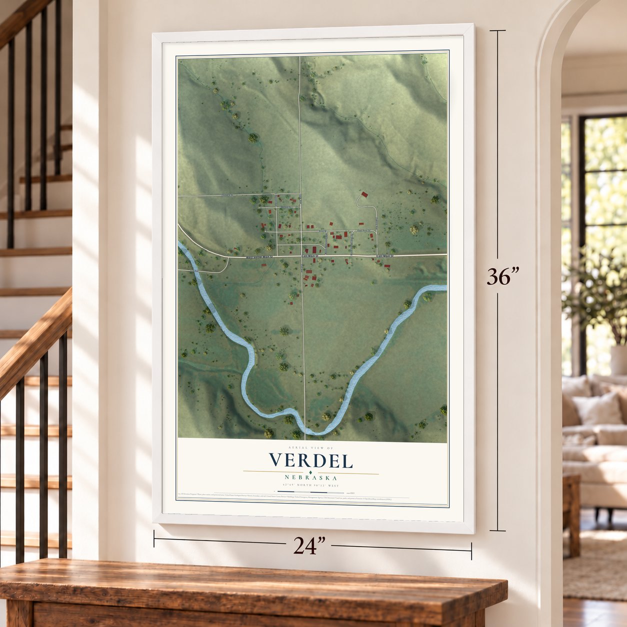 Verdel, Nebraska map, 24 x 36 inch print in a white frame by a staircase