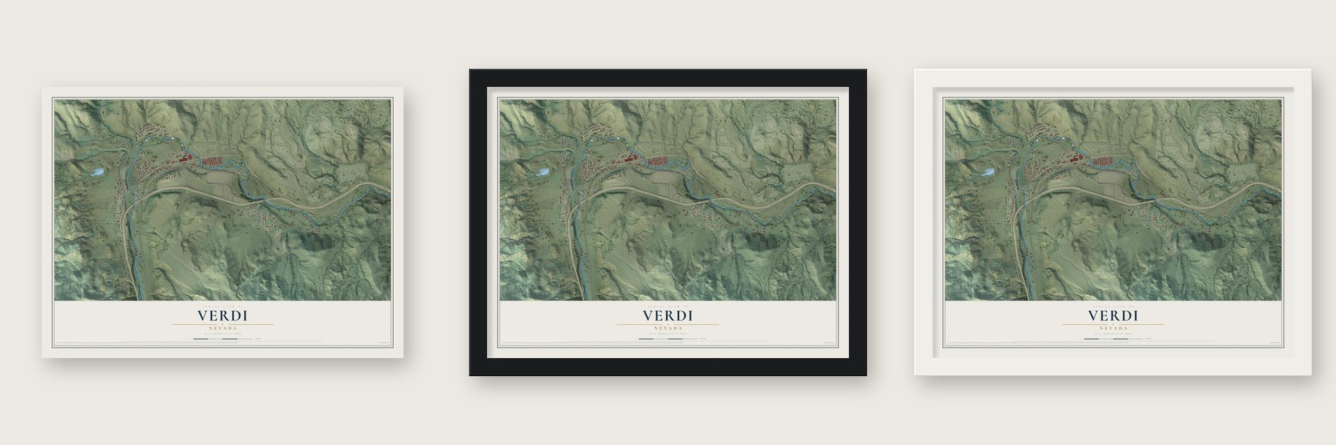 Verdi, Nevada map unframed, in a black wood frame and in a white wood frame