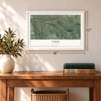 Verdi, Nevada map, 12 x 18 inch print in a white frame in an entryway