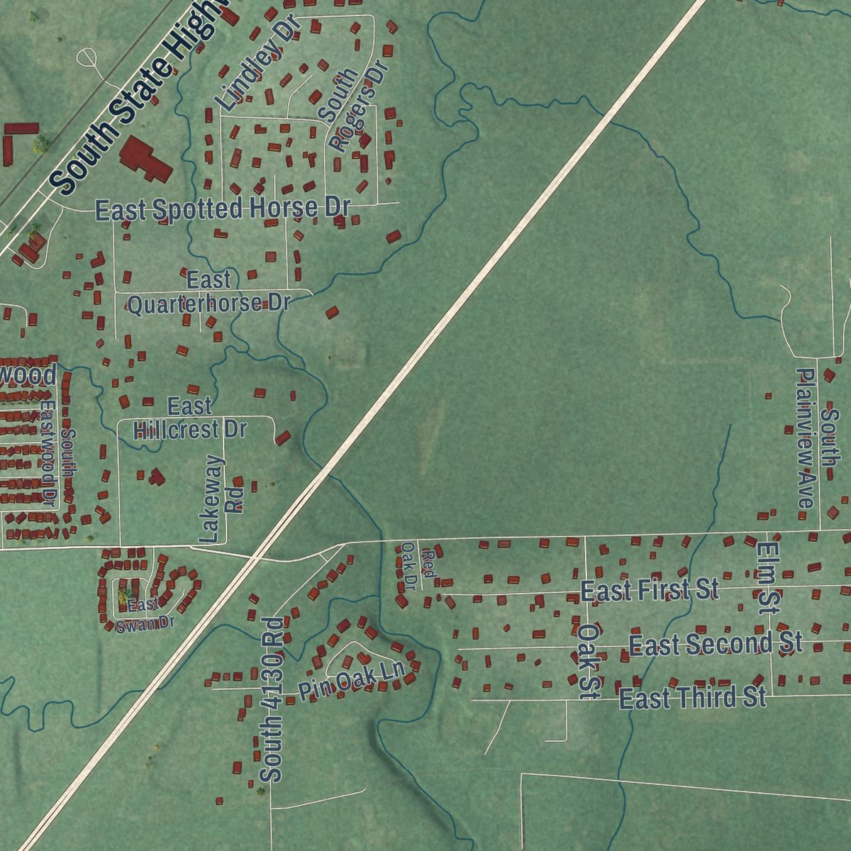 Second close-up of the map of Verdigris, Oklahoma print showing more streets and buildings