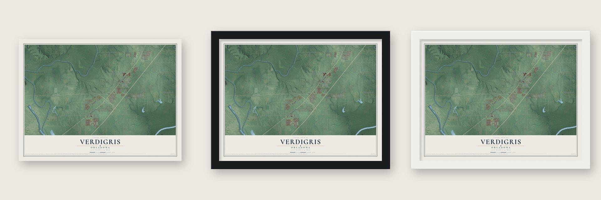 Verdigris, Oklahoma map unframed, in a black wood frame and in a white wood frame