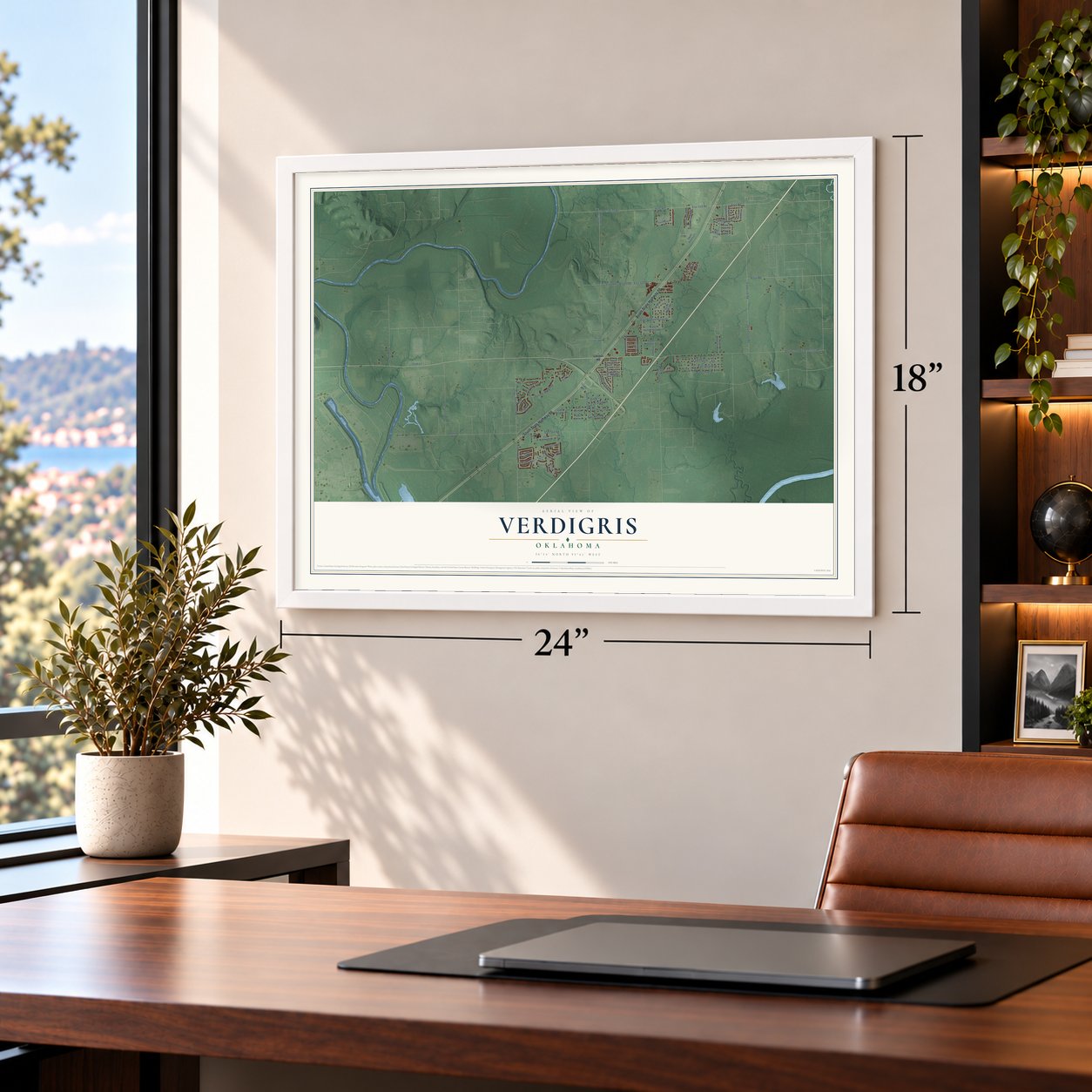 Verdigris, Oklahoma map, 18 x 24 inch print in a white frame in a home office