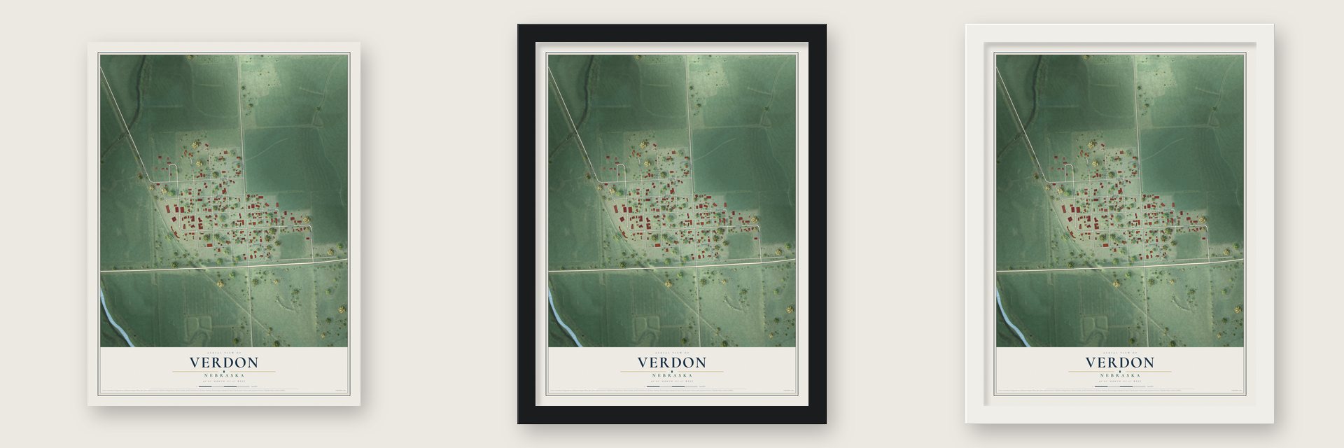 Verdon, Nebraska map unframed, in a black wood frame and in a white wood frame