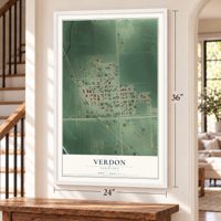 Verdon, Nebraska map, 24 x 36 inch print in a white frame by a staircase