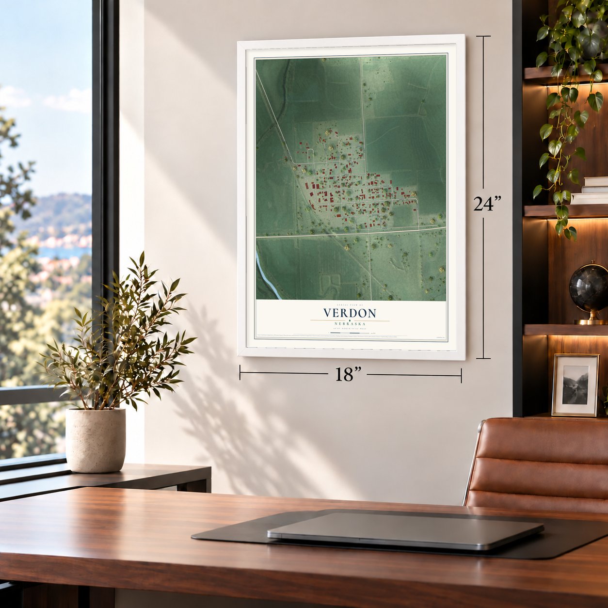 Verdon, Nebraska map, 18 x 24 inch print in a white frame in a home office