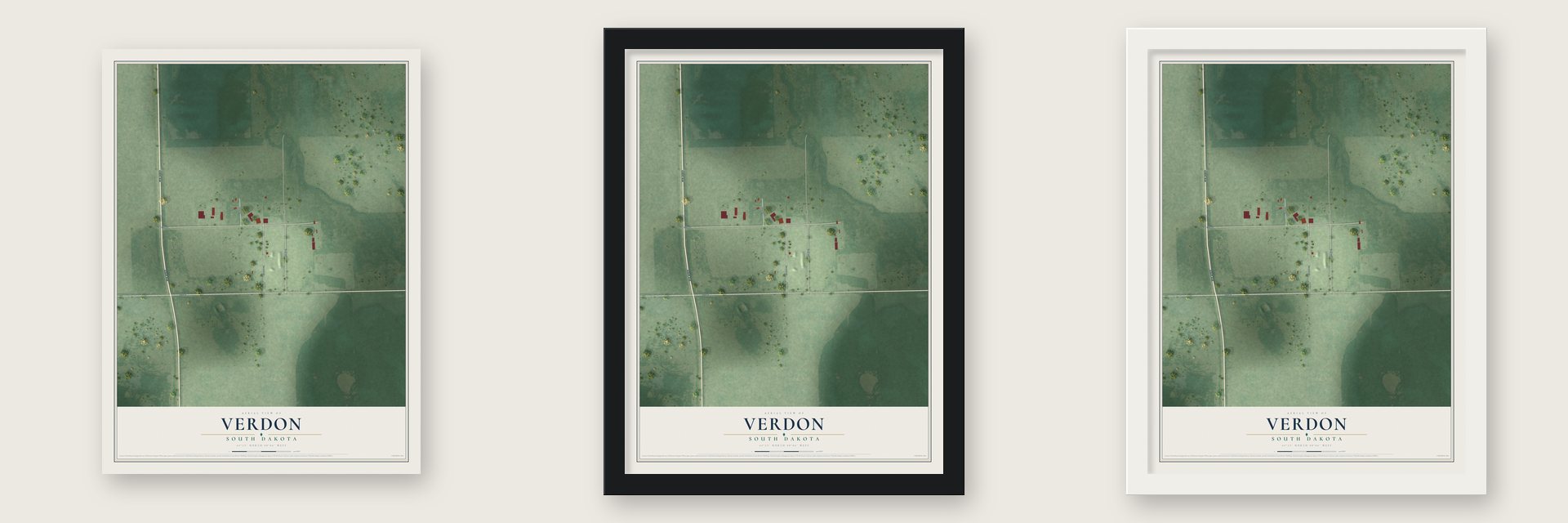 Verdon, South Dakota map unframed, in a black wood frame and in a white wood frame