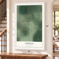 Verdon, South Dakota map, 24 x 36 inch print in a white frame by a staircase