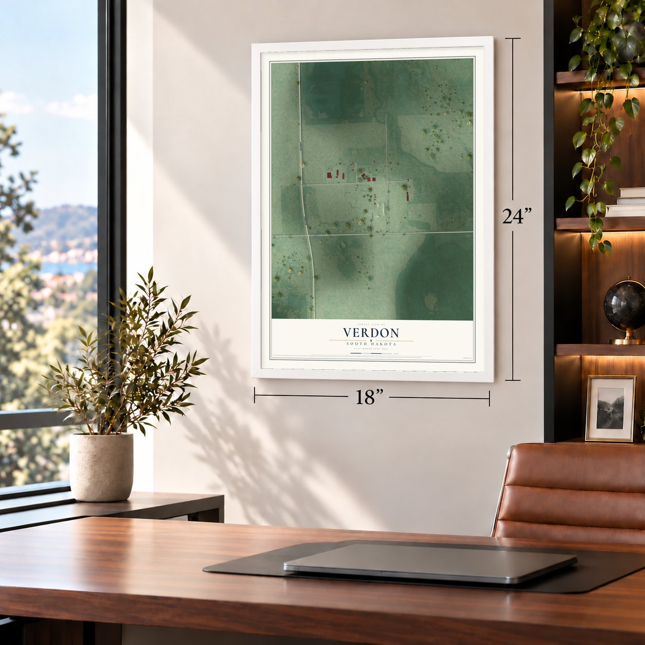 Verdon, South Dakota map, 18 x 24 inch print in a white frame in a home office