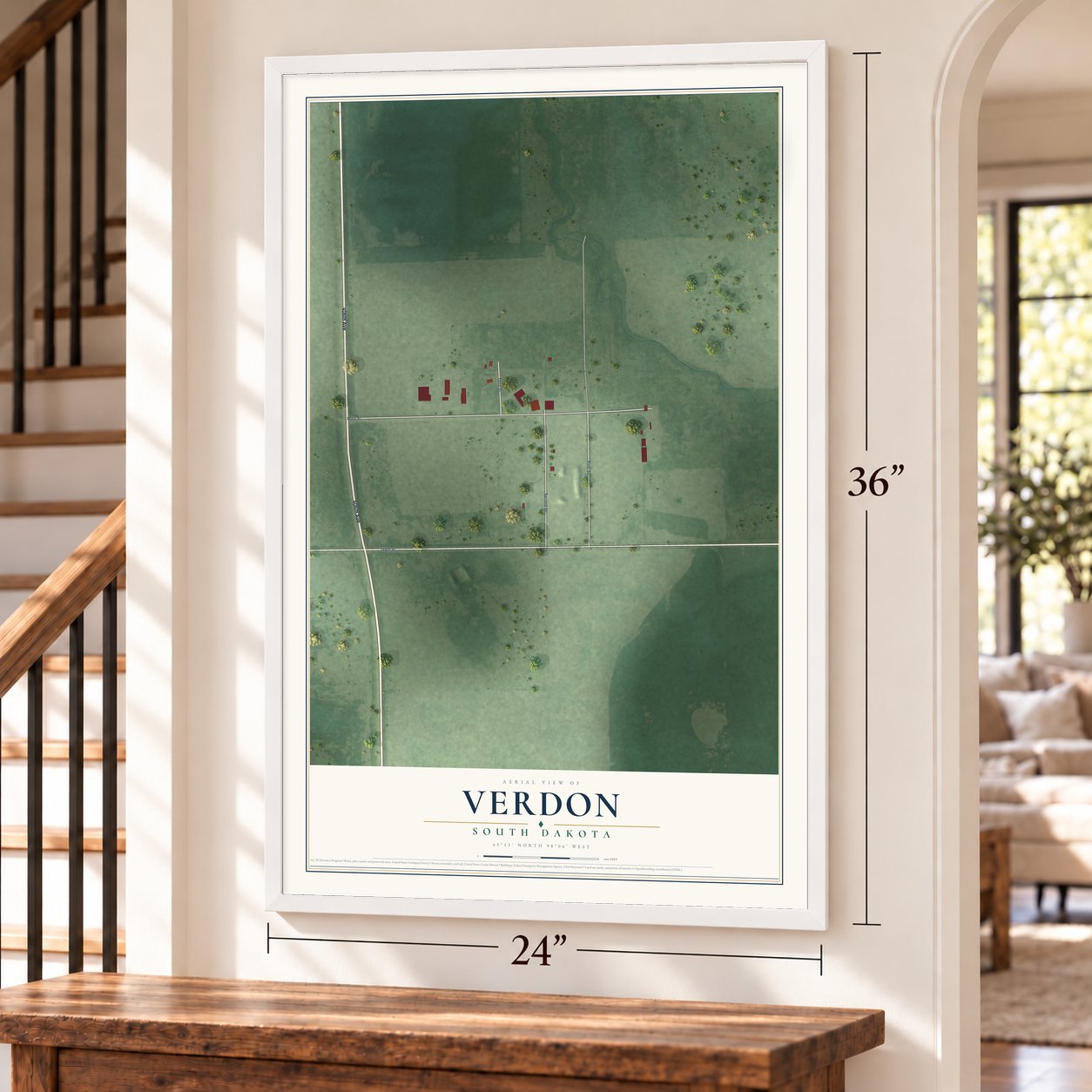 Verdon, South Dakota map, 24 x 36 inch print in a white frame by a staircase