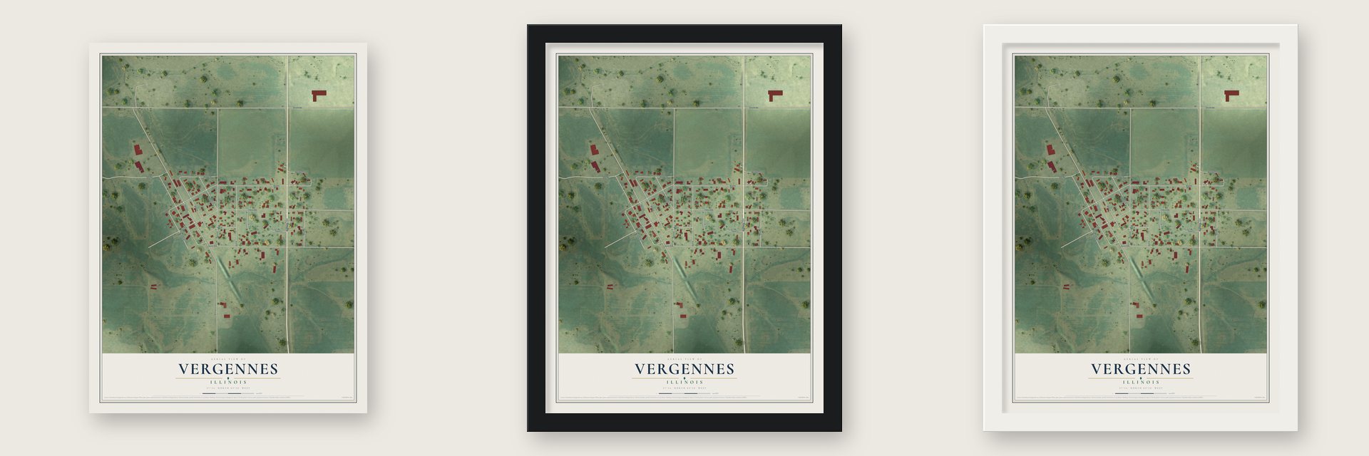 Vergennes, Illinois map unframed, in a black wood frame and in a white wood frame