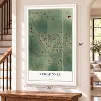 Vergennes, Illinois map, 24 x 36 inch print in a white frame by a staircase