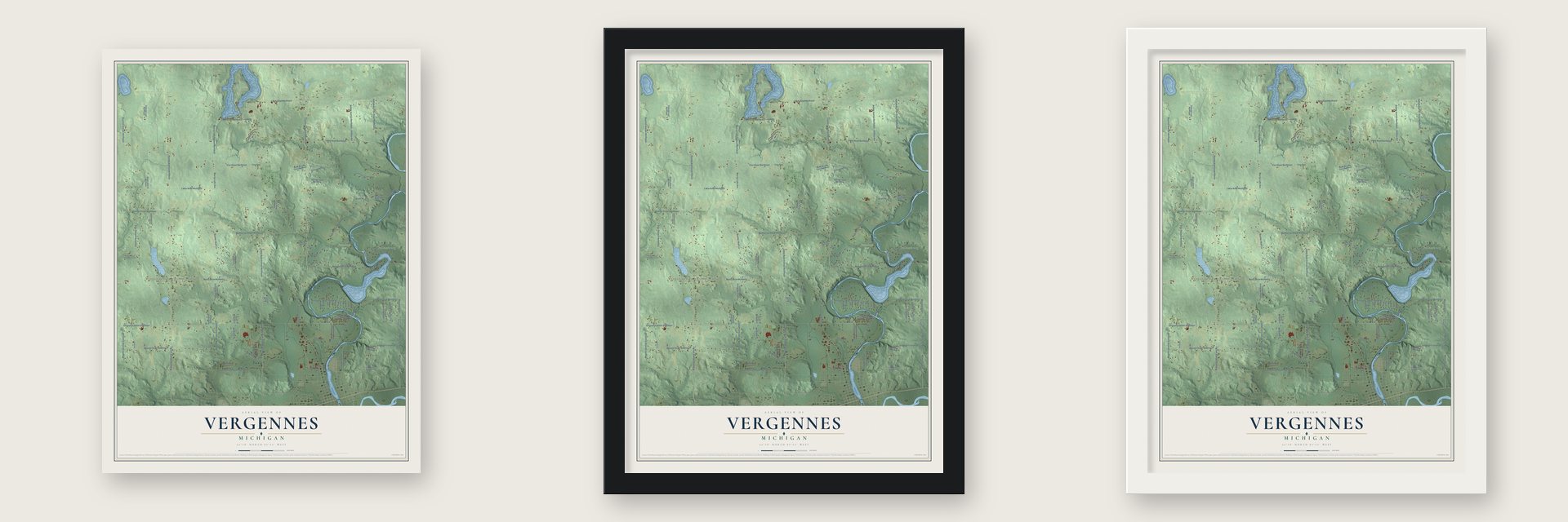 Vergennes, Michigan map unframed, in a black wood frame and in a white wood frame
