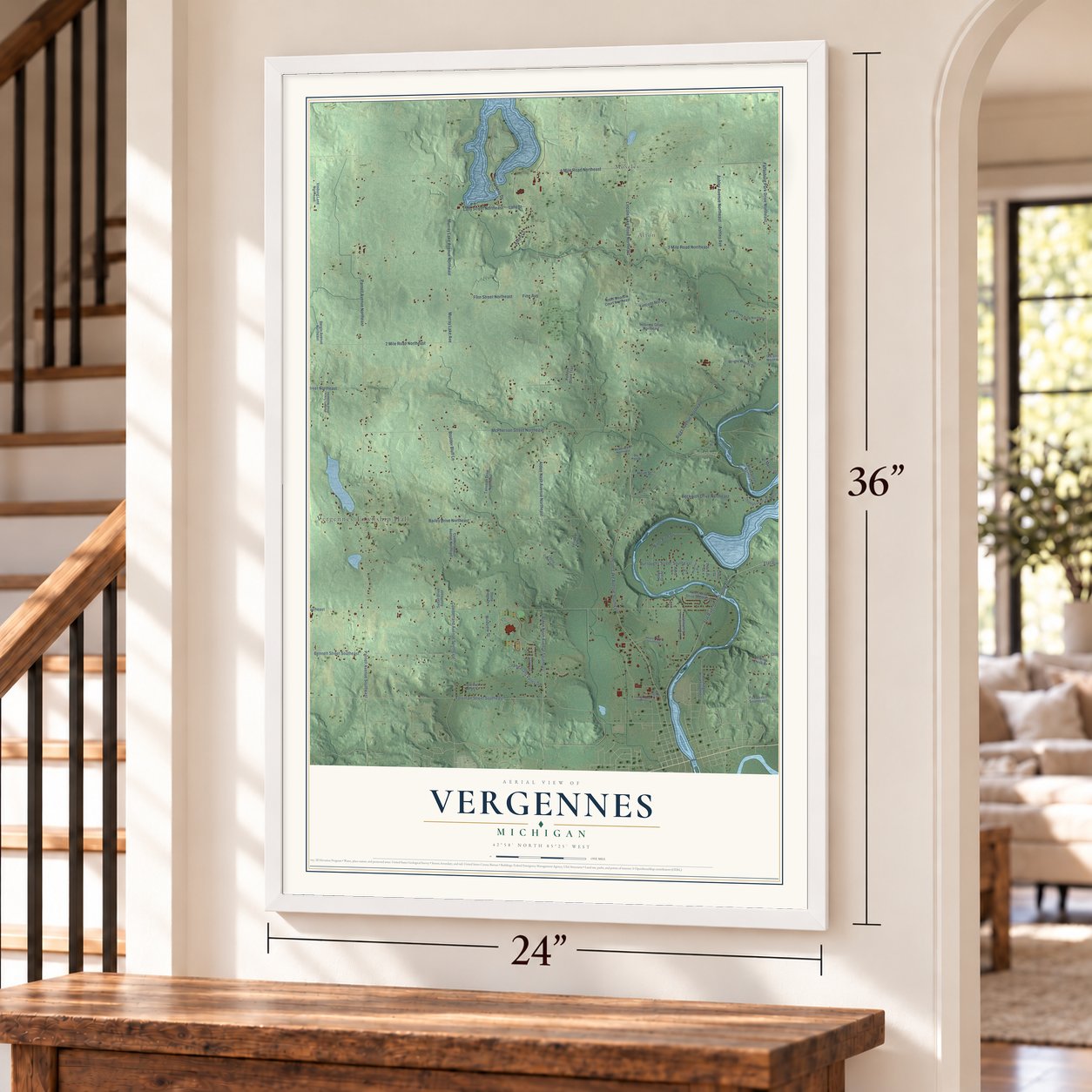 Vergennes, Michigan map, 24 x 36 inch print in a white frame by a staircase