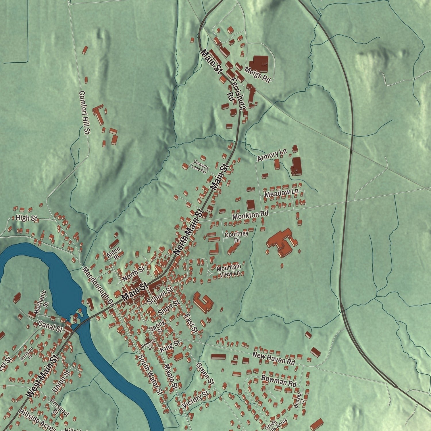 Close-up of the map of Vergennes, Vermont print showing terrain and local geography