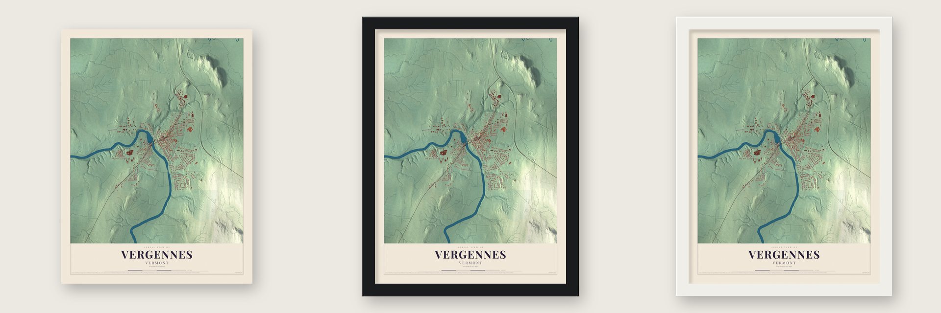 Vergennes, Vermont map unframed, in a black wood frame and in a white wood frame