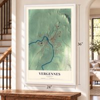 Vergennes, Vermont map, 24 x 36 inch print in a white frame by a staircase