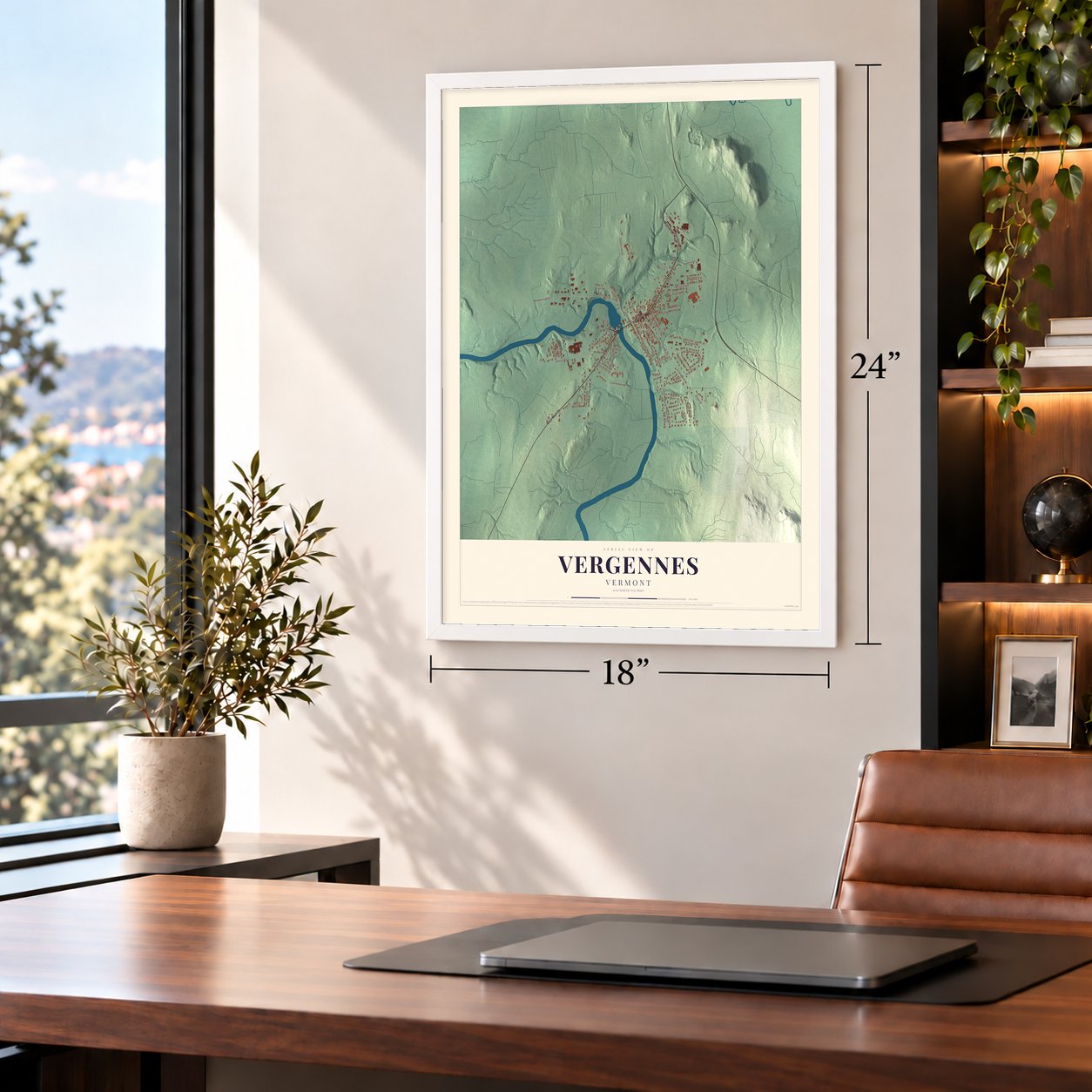 Vergennes, Vermont map, 18 x 24 inch print in a white frame in a home office