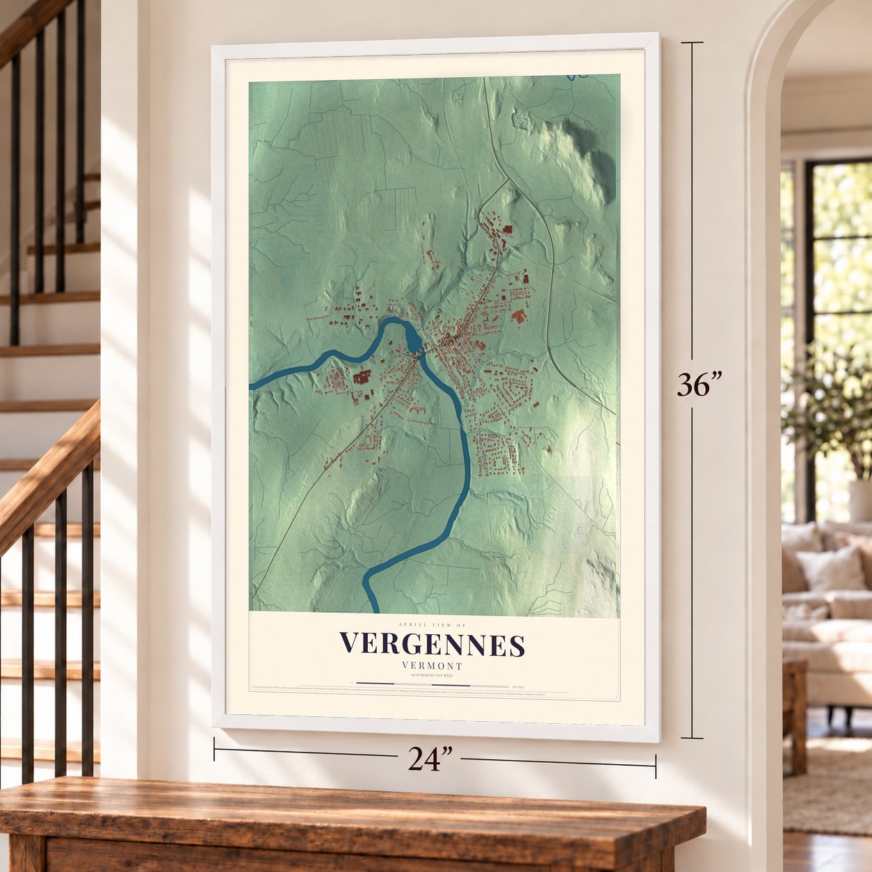 Vergennes, Vermont map, 24 x 36 inch print in a white frame by a staircase