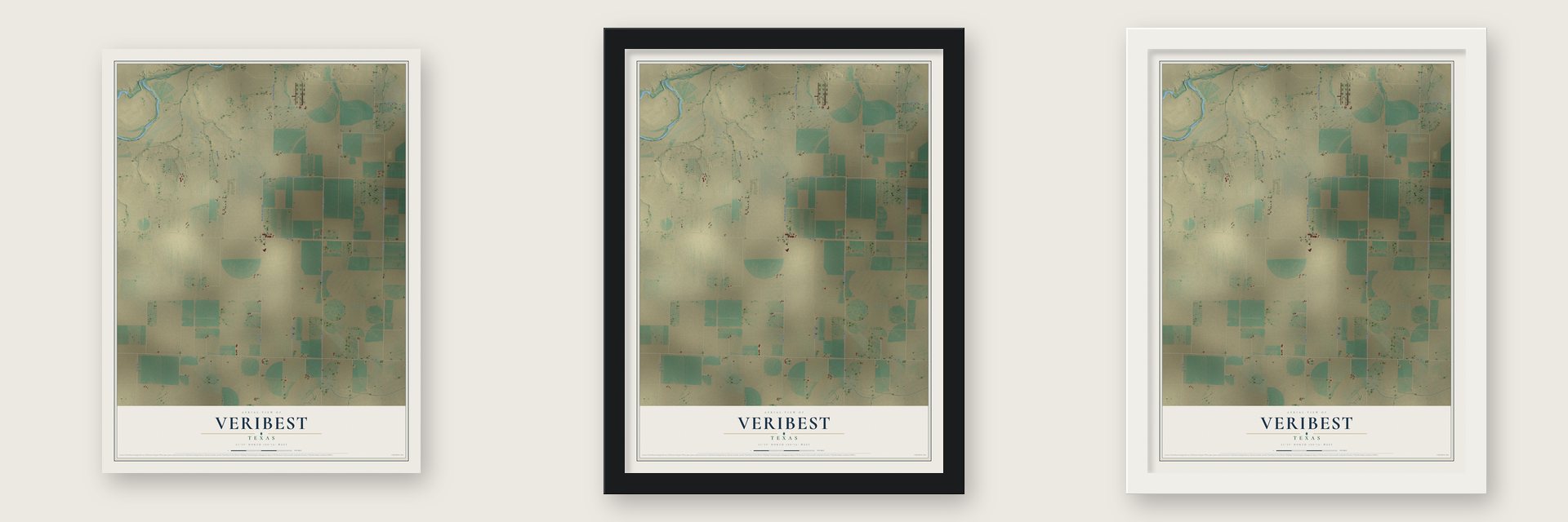 Veribest, Texas map unframed, in a black wood frame and in a white wood frame