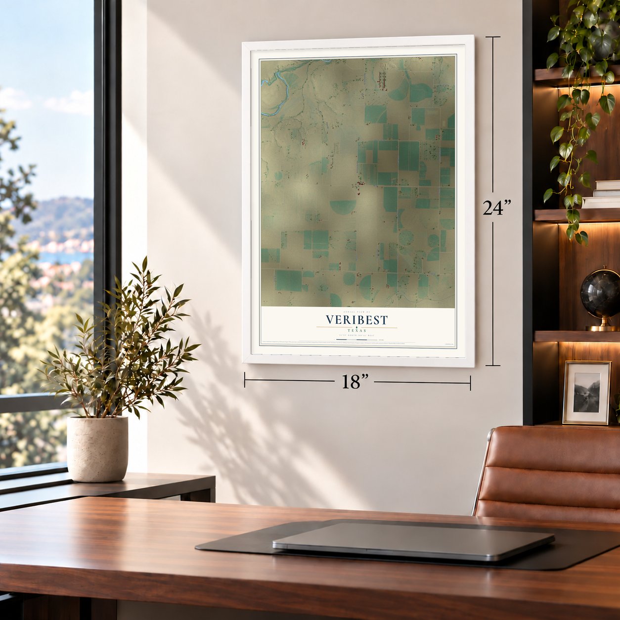 Veribest, Texas map, 18 x 24 inch print in a white frame in a home office