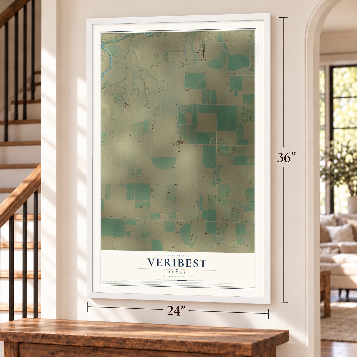Veribest, Texas map, 24 x 36 inch print in a white frame by a staircase