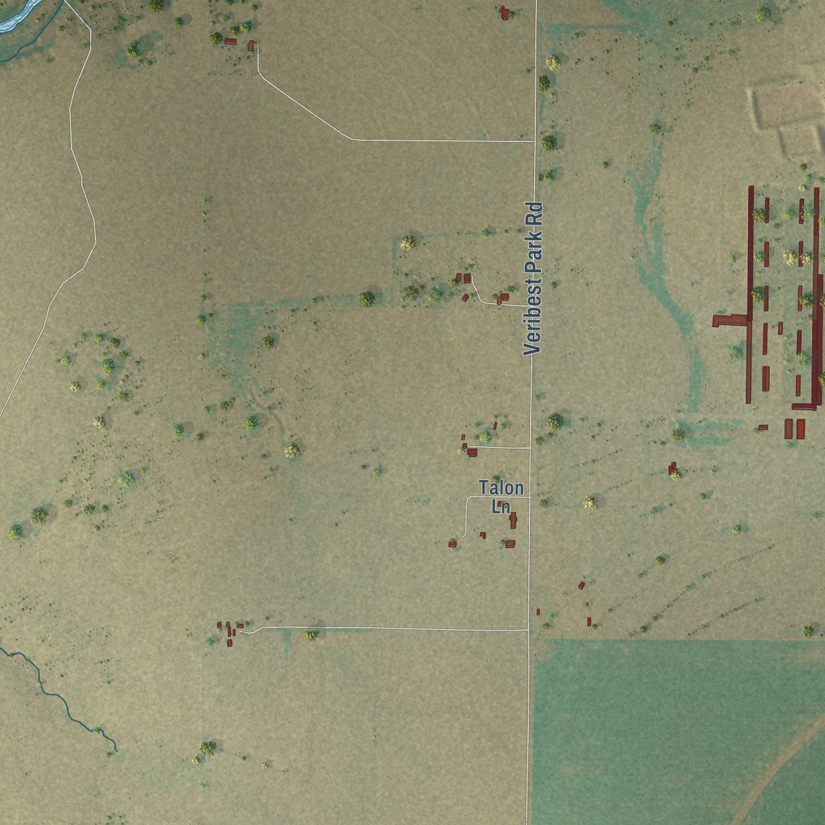 Second close-up of the map of Veribest, Texas print showing more streets and buildings