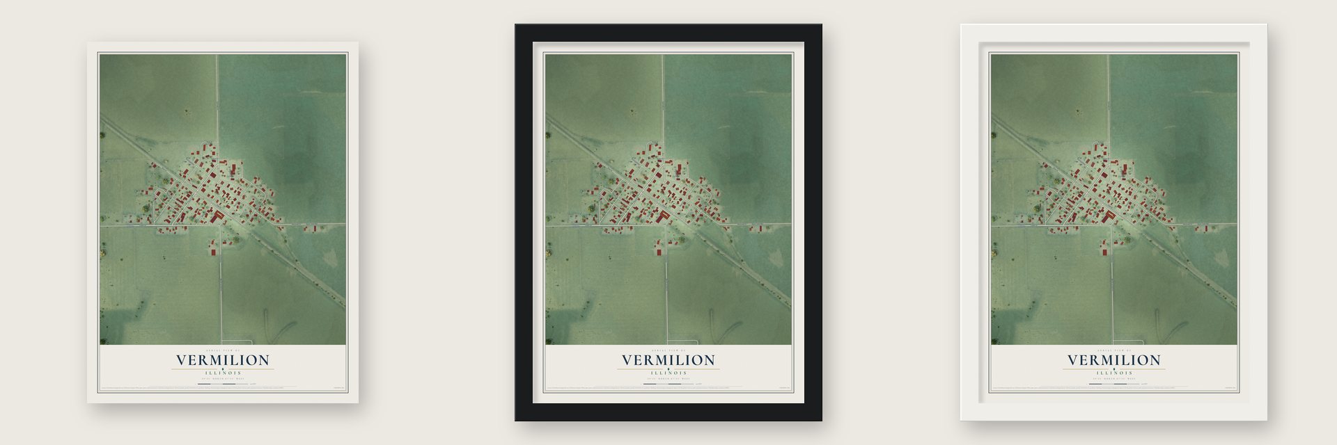 Vermilion, Illinois map unframed, in a black wood frame and in a white wood frame