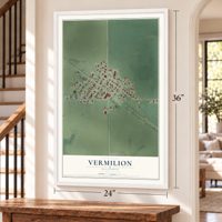Vermilion, Illinois map, 24 x 36 inch print in a white frame by a staircase