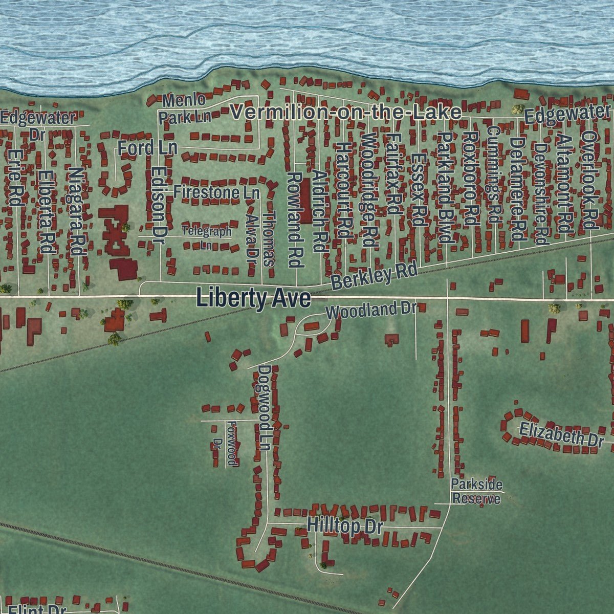 Second close-up of the map of Vermilion, Ohio print showing more streets and buildings
