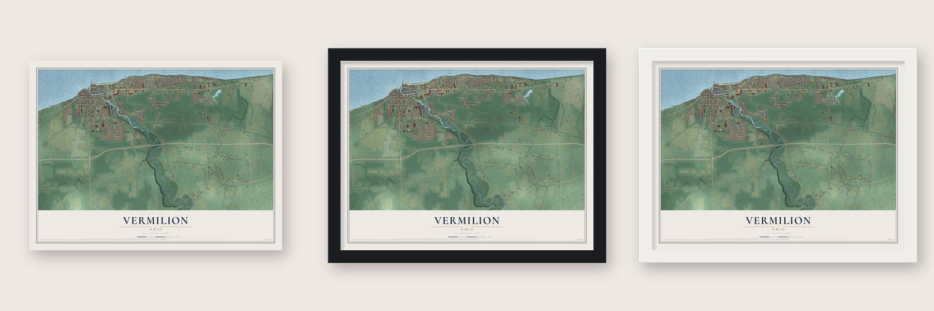 Vermilion, Ohio map unframed, in a black wood frame and in a white wood frame