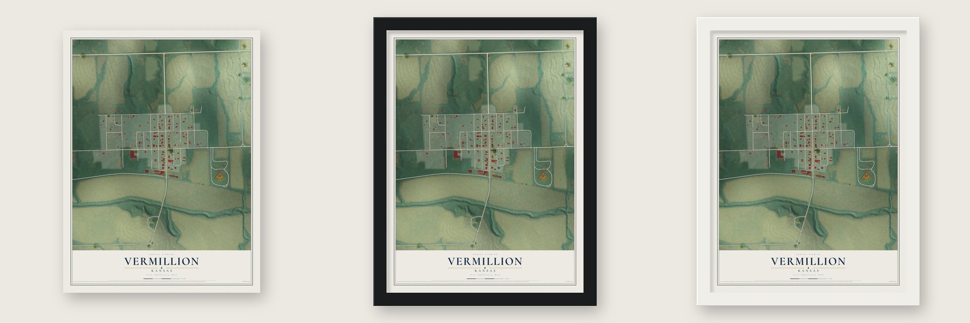 Vermillion, Kansas map unframed, in a black wood frame and in a white wood frame
