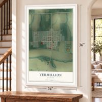 Vermillion, Kansas map, 24 x 36 inch print in a white frame by a staircase