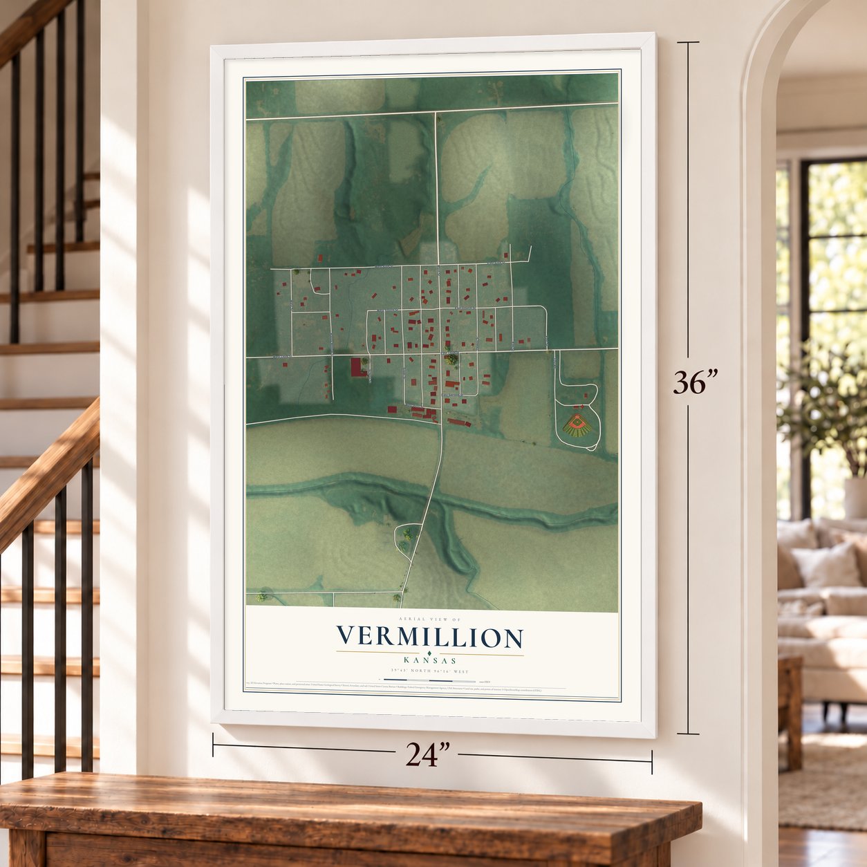 Vermillion, Kansas map, 24 x 36 inch print in a white frame by a staircase