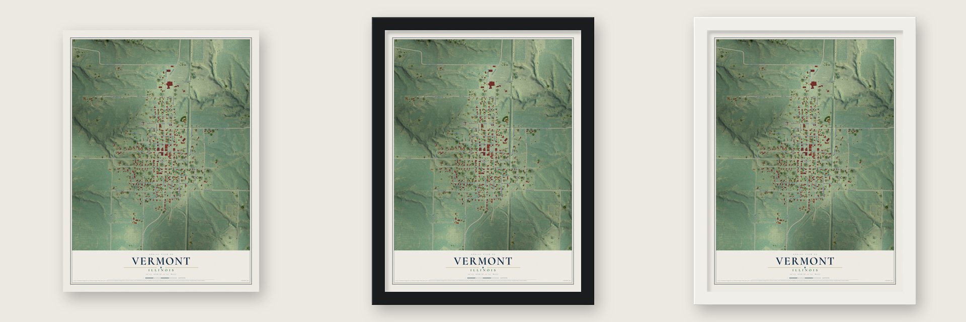 Vermont, Illinois map unframed, in a black wood frame and in a white wood frame