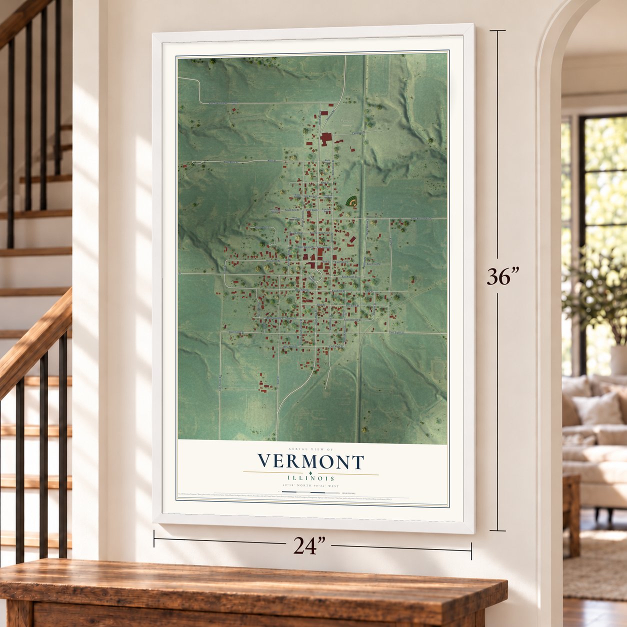 Vermont, Illinois map, 24 x 36 inch print in a white frame by a staircase