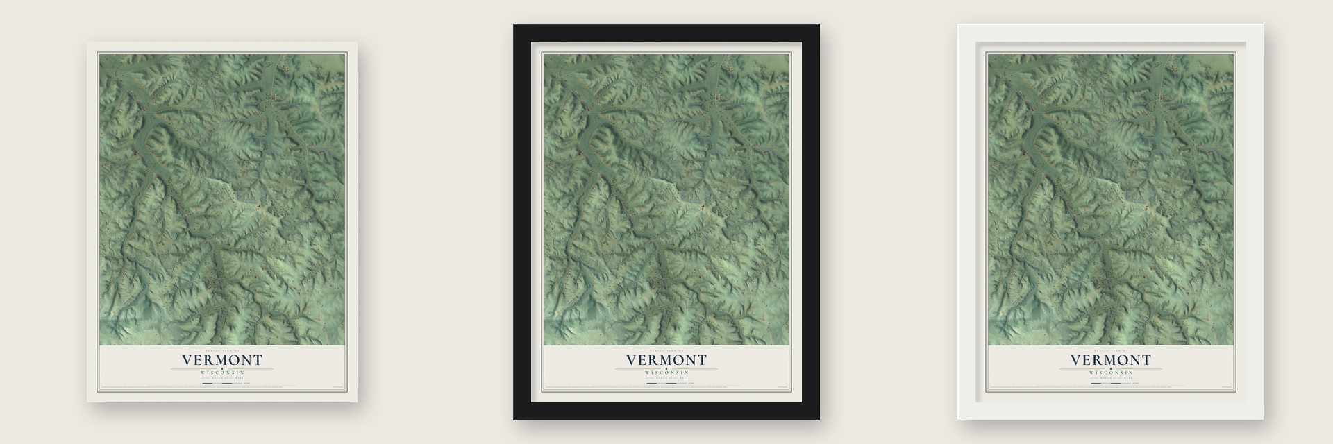 Vermont, Wisconsin map unframed, in a black wood frame and in a white wood frame